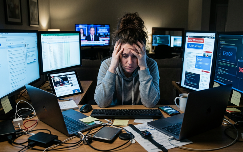 Firefly_Gemini Flash_a woman overwhelmed by technology 27578