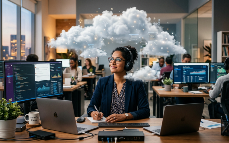 Firefly_Gemini Flash_A woman in an office surrounded with computer technology and floating clouds around h 161388