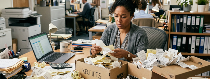 Firefly_Gemini Flash_A woman with a shoebox of receipts around her. The background is a general office env 439470