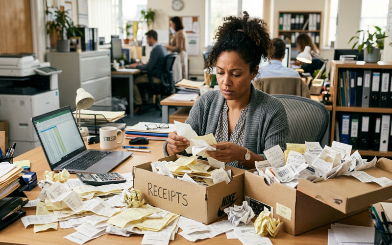 Firefly_Gemini Flash_A woman with a shoebox of receipts around her. The background is a general office env 439470