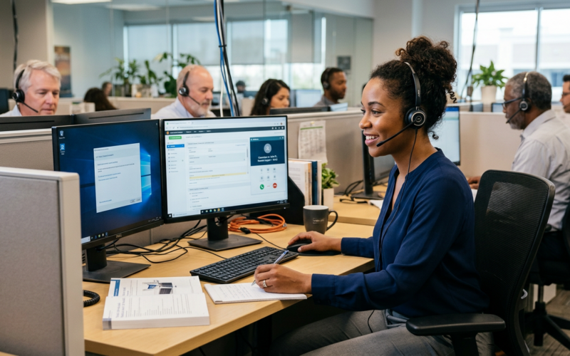 Firefly_Gemini Flash_a woman wearing a headset providing remote IT support to someone over the telephone 499507