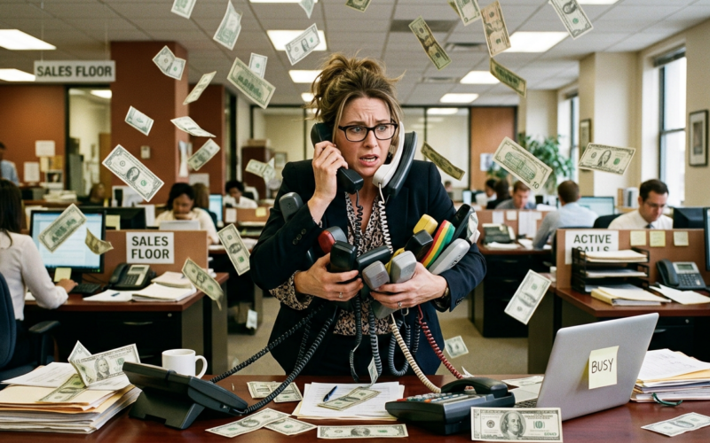 Firefly_Gemini Flash_show a woman holding a dozen telephones, trying to speak to each one, the background 492467
